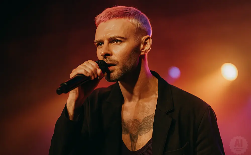 Man with pink hair sings into a microphone on stage, with a tattoo visible on his chest.