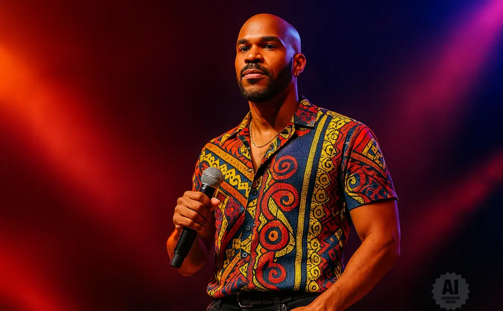 A bald man with a beard holds a microphone and wears a colorful, patterned shirt.