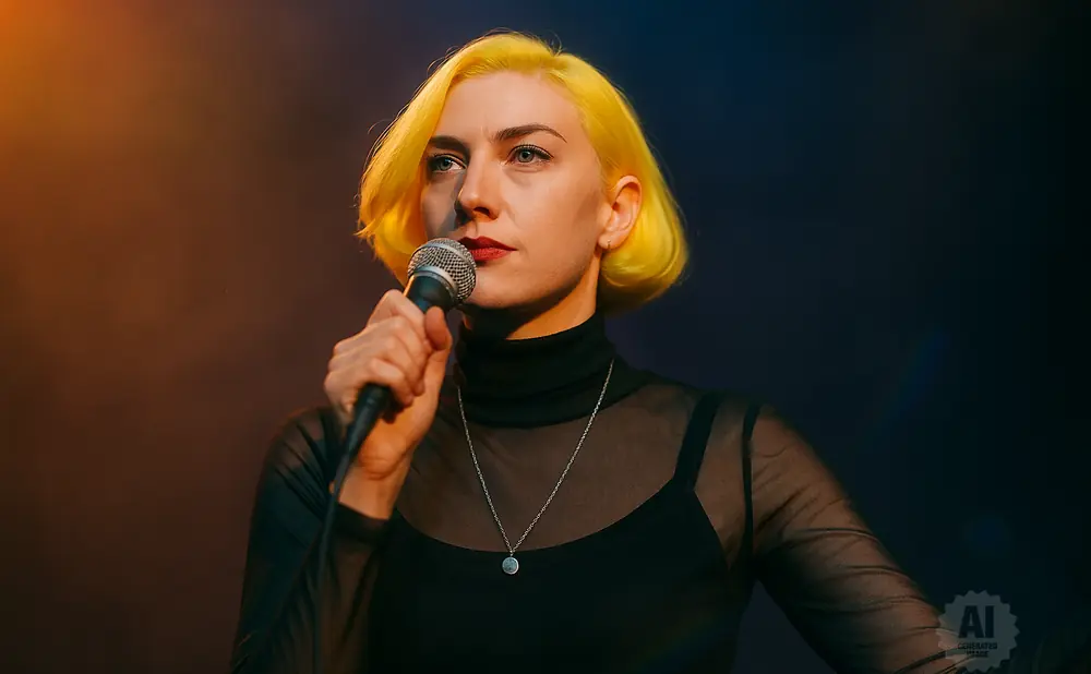 Woman with bright yellow hair sings into a microphone, wearing a black turtleneck and a silver pendant.