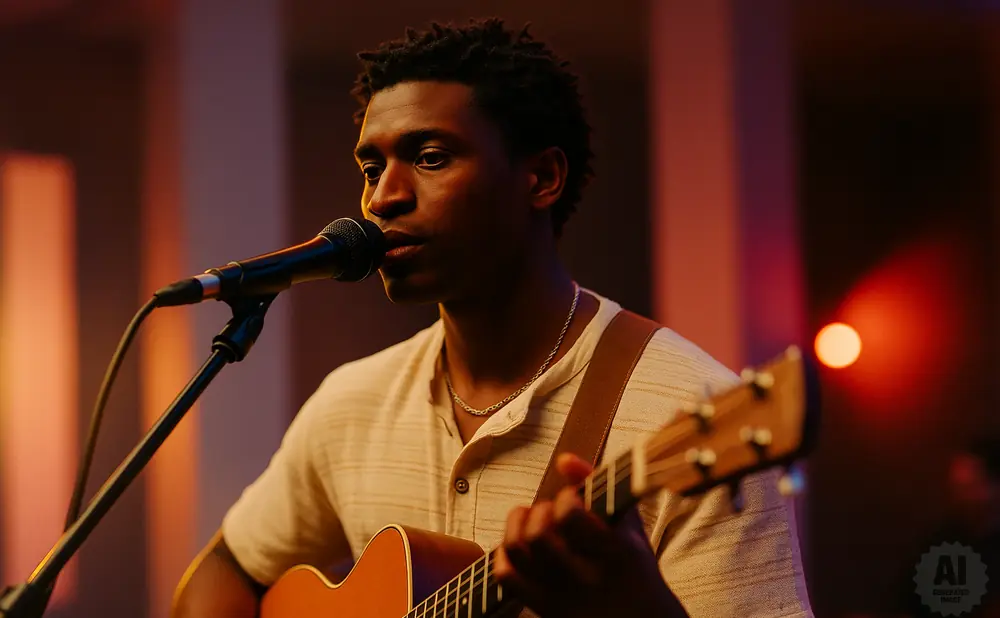 A Black man plays an acoustic guitar and sings into a microphone on a dimly lit stage.