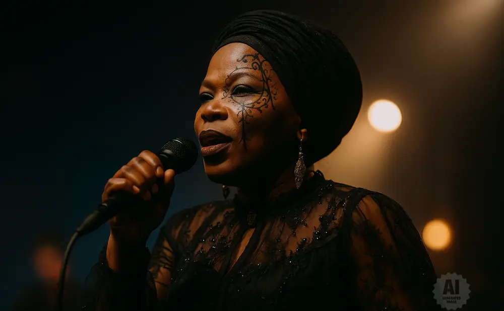 Woman wearing a black turban and lace dress, singing into a microphone with facial makeup.