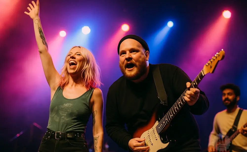 A woman with pink-tipped hair raises her arm while singing, next to a man playing guitar on stage.