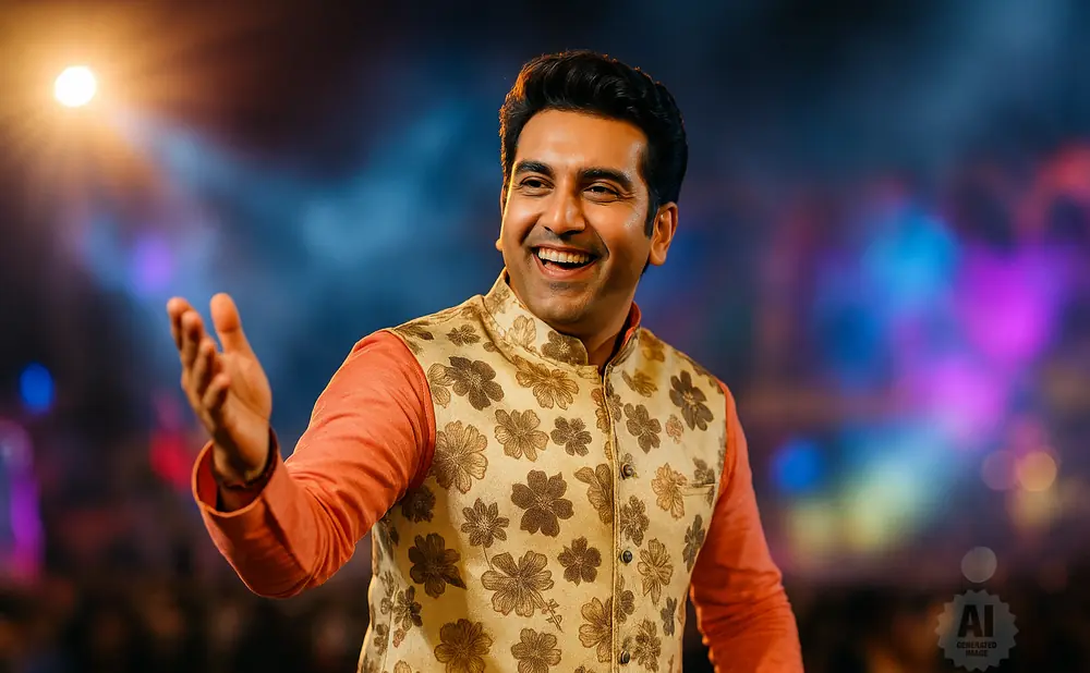 A smiling man in a floral vest and orange shirt extends his left hand.