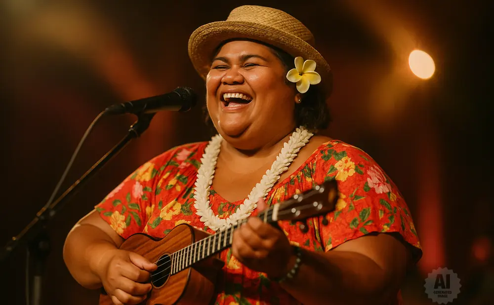 A woman with a flower in her hair plays a ukulele and sings into a microphone.