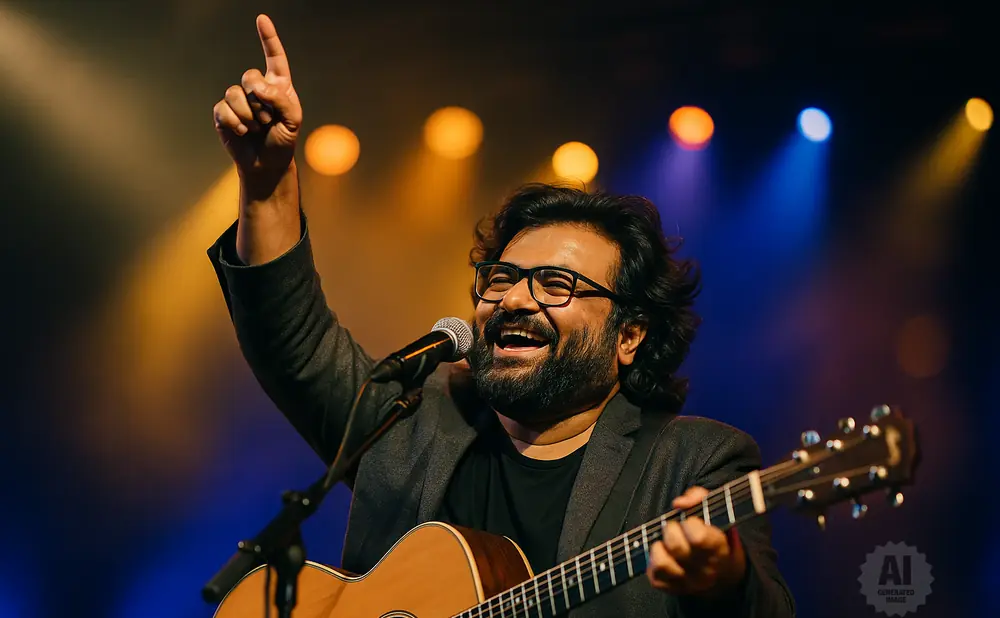A man with glasses and a beard plays an acoustic guitar and sings into a microphone on stage.