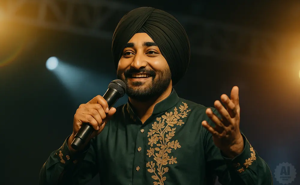 Man in a dark green, embroidered kurta and black turban smiles and speaks into a microphone.