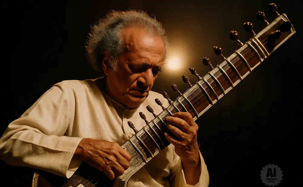 An older man with gray hair plays the sitar.