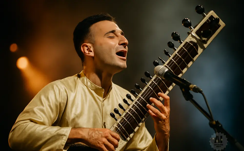 Man in a gold outfit playing a sitar with a microphone in front of him.