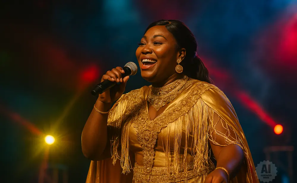 Singer in a gold dress with fringe, holding a microphone and smiling.