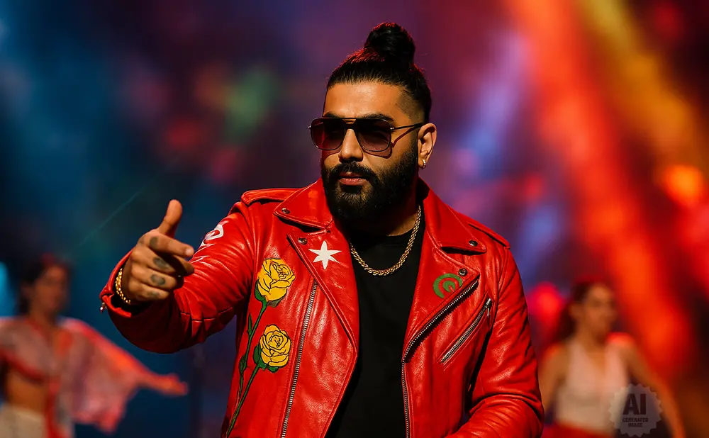 A man with a bun hairstyle and beard wears a red leather jacket with roses and a white star, pointing his finger on stage.