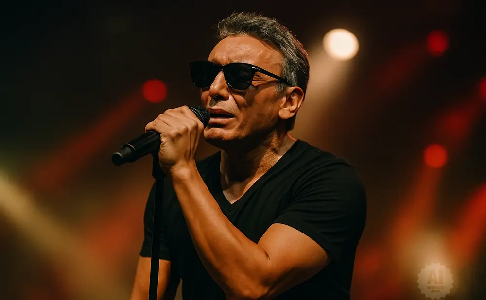 Man in black t-shirt and sunglasses singing into a microphone on stage.