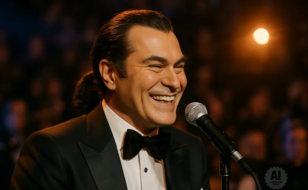 A man in a tuxedo laughs into a microphone on stage.