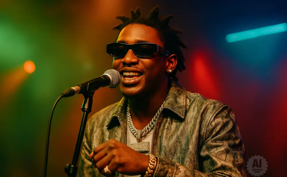 A Black man with dreadlocks and sunglasses sings into a microphone while wearing a shiny jacket and jewelry.
