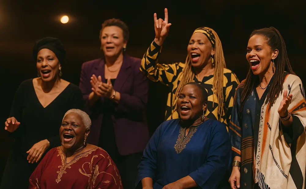 Six women singing and clapping on a stage, with a spotlight above.