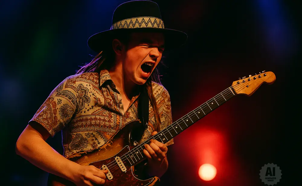 A guitarist in a hat and patterned shirt plays with passion under stage lights.