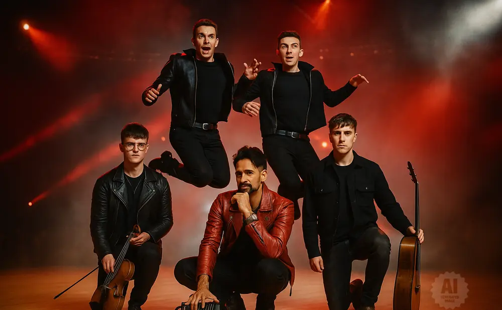 Five men on a stage with red lighting; two jumping, two crouching, and one playing a violin.