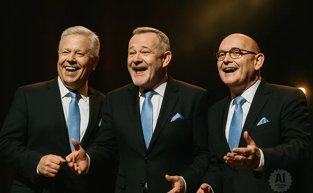 Three men in suits and ties, laughing on stage.