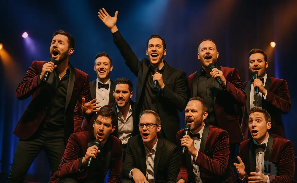 A group of nine men in formal wear singing into microphones on a stage.
