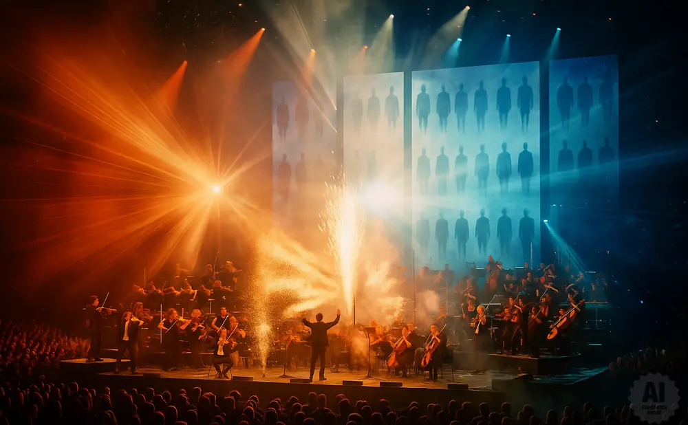 Conductor leads orchestra with fireworks and silhouette projections.