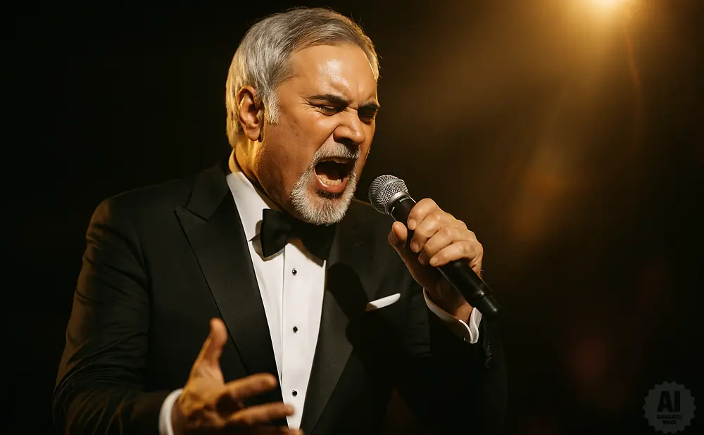 A man in a tuxedo sings into a microphone with his eyes closed and mouth open in a dramatic pose.
