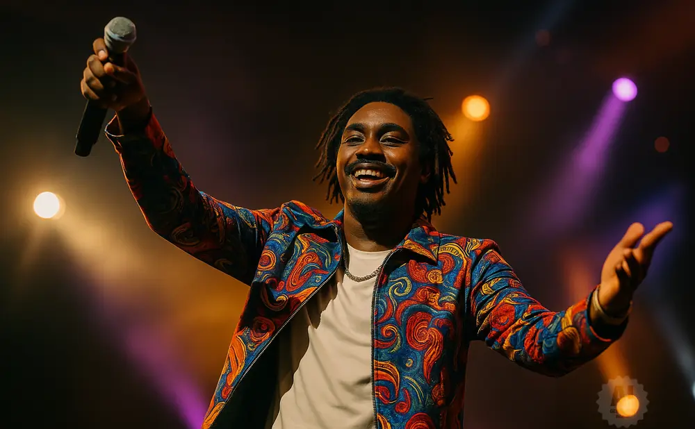 A Black man with dreadlocks and a colorful jacket smiles and sings into a microphone on stage.