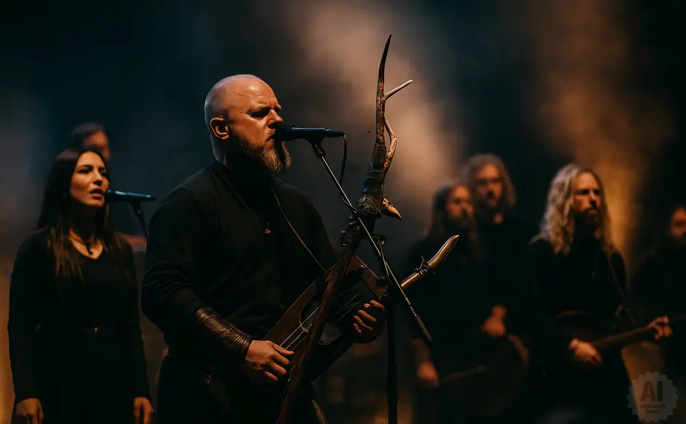 A male musician with a bald head and beard sings into a microphone while playing a lyre on a dimly lit stage.