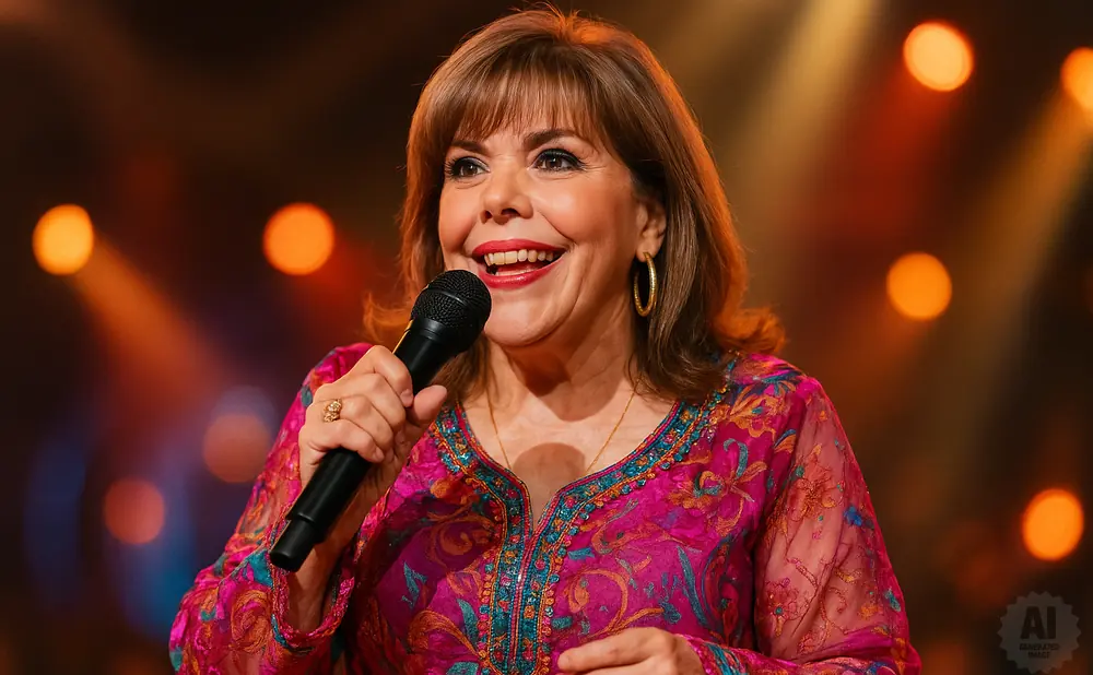 Singer on stage holding a microphone, smiling and wearing a colorful pink and teal embroidered outfit with gold hoop earrings.