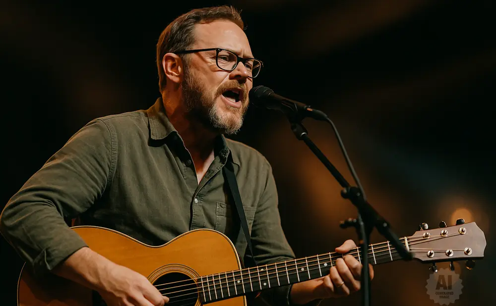 a rear view photo of andrew peterson performing a concert on stage to a lively audience