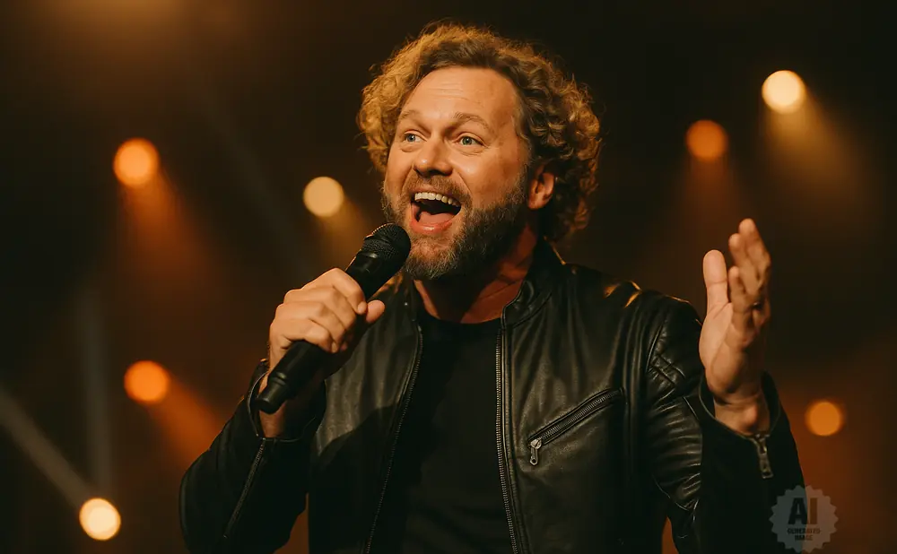 A man with curly hair and a beard, wearing a leather jacket, sings into a microphone with his hand raised.