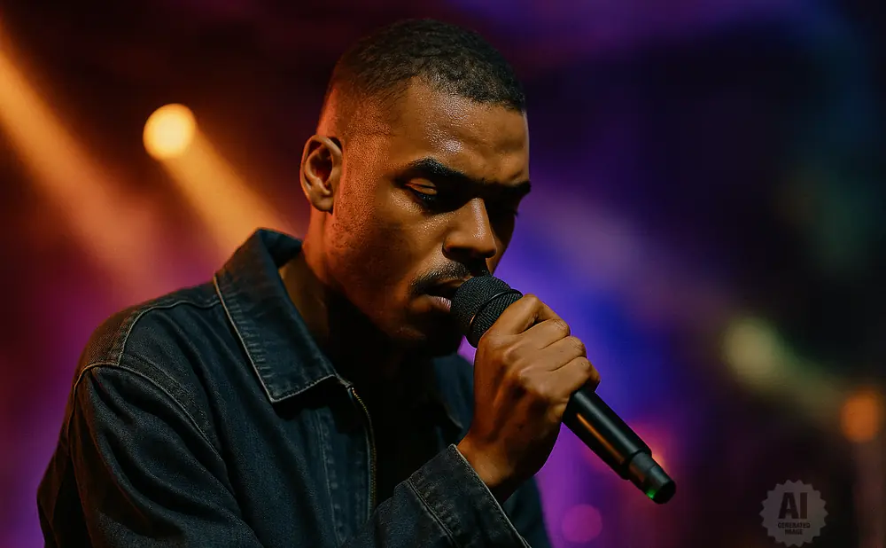 A man in a denim jacket sings into a microphone under purple and orange lights.
