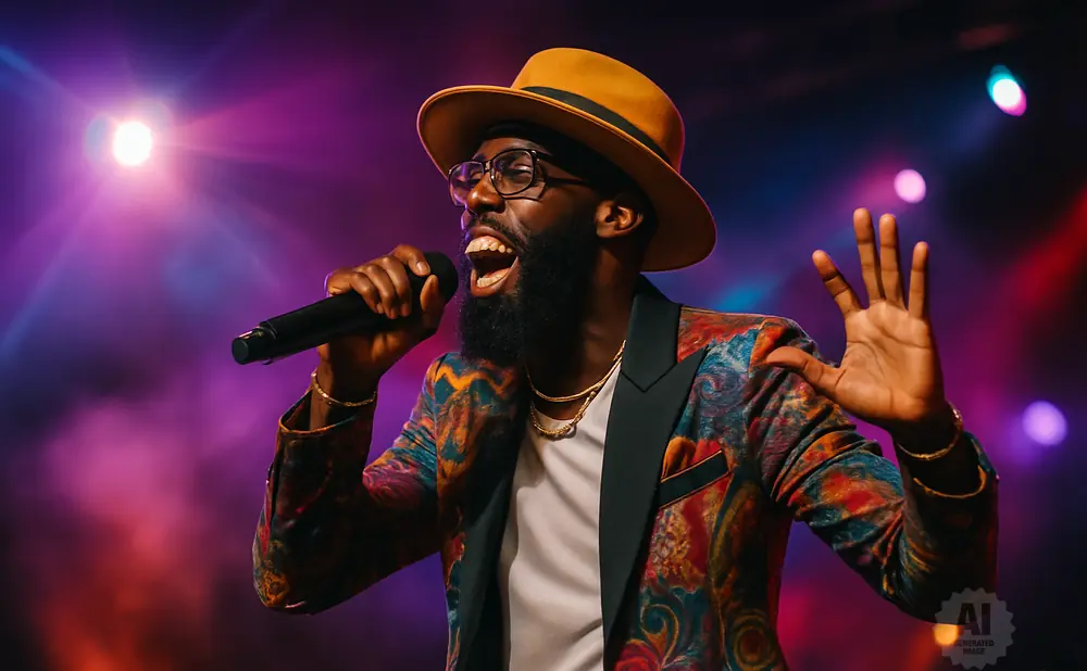 A Black man with a beard and glasses sings into a microphone, wearing a colorful patterned suit and a tan hat under stage lights.