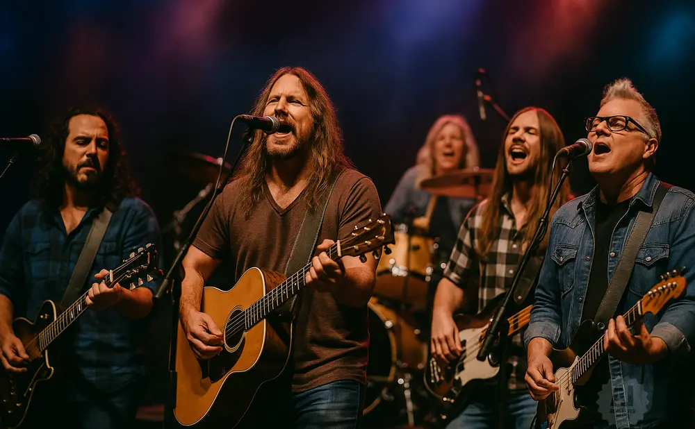 A band of five men performing on stage, with four singing and playing guitars and one in the background on drums.