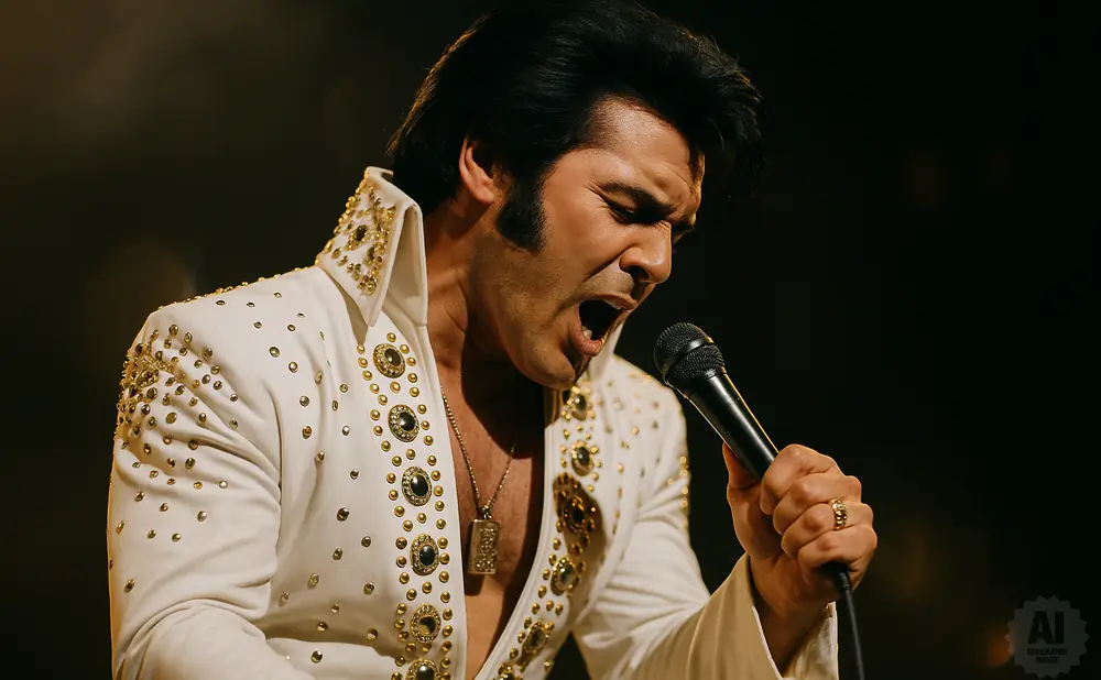An Elvis Presley impersonator in a white, rhinestone-studded jumpsuit sings into a microphone.