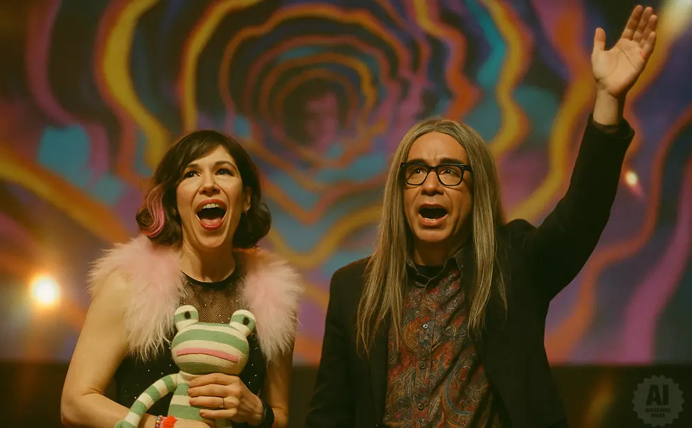 A woman holds a frog toy while a man with long hair and glasses raises his hand, both with mouths open in excitement.