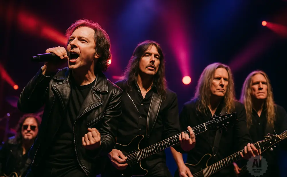 A male singer in a black leather jacket and four male guitarists perform on a dimly lit stage with purple and red spotlights.
