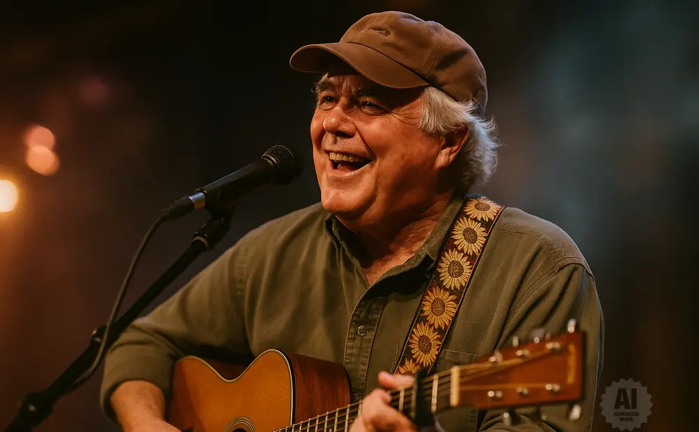 An older man with white hair wears a brown baseball cap and plays an acoustic guitar, singing into a microphone.