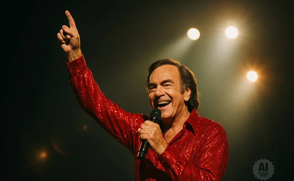 A man in a sparkling red shirt sings into a microphone with his arm raised, pointing a finger upwards.