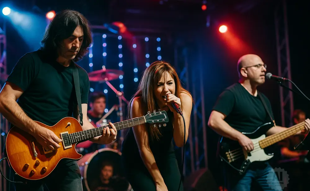 A band performs on stage, with a female singer in the center, a guitarist to her left, and a bassist to her right.