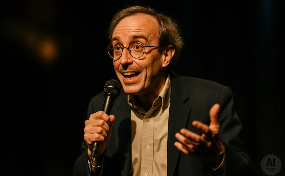 Man in glasses and suit speaks into a microphone, gesturing with his hands.