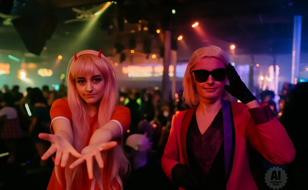 Two women pose for a photo at a party. The woman on the left has pink hair and devil horns, while the woman on the right wears sunglasses and a red blazer.