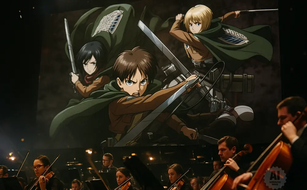 An orchestra plays in front of a large screen displaying characters from the anime Attack on Titan.