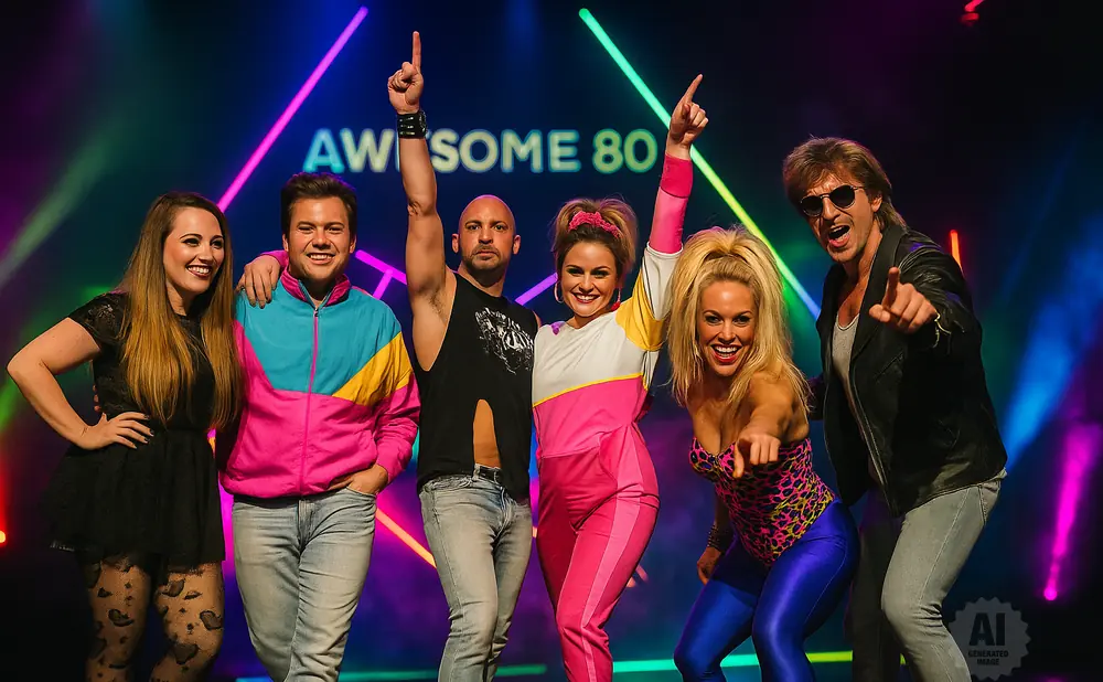 Group of five people in 80s attire posing with bright neon lights in the background.