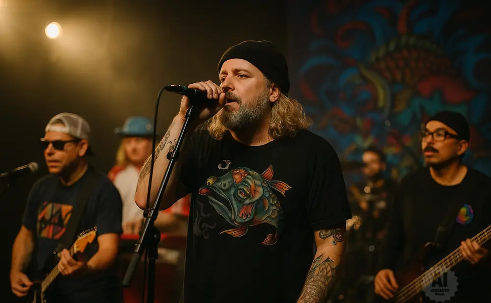 A man with a beard and blonde hair sings into a microphone at a concert, wearing a t-shirt with a fish design.
