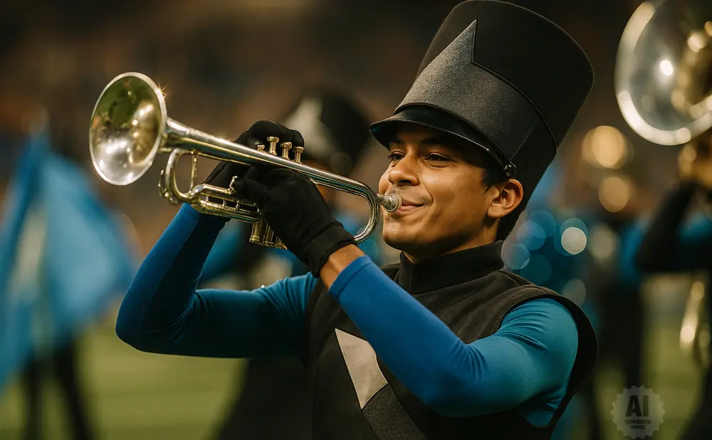 A person in a marching band uniform plays a trumpet, wearing black gloves and a tall black hat.