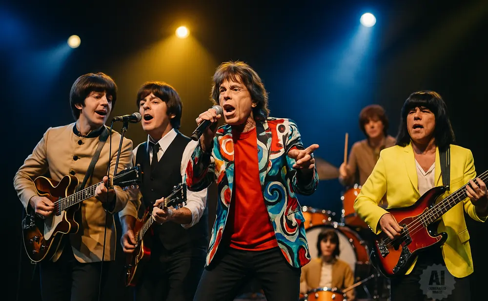 A band performs on stage with a singer in a colorful jacket, backed by guitarists, a bassist, and a drummer.