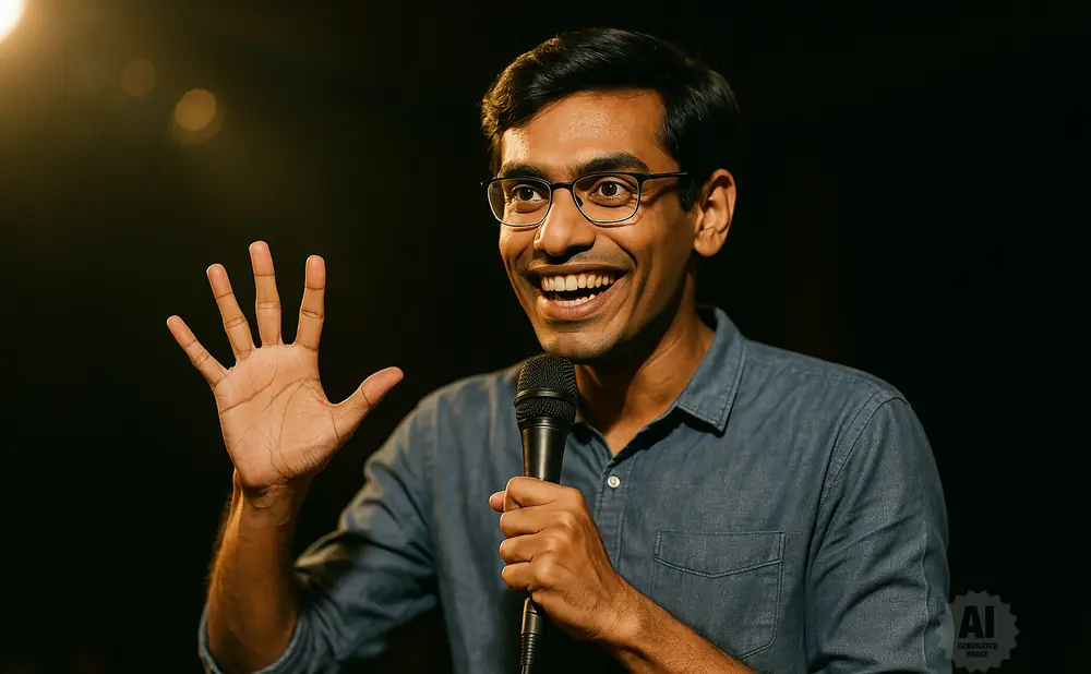 A man in glasses smiles and holds a microphone, his hand raised with fingers spread.