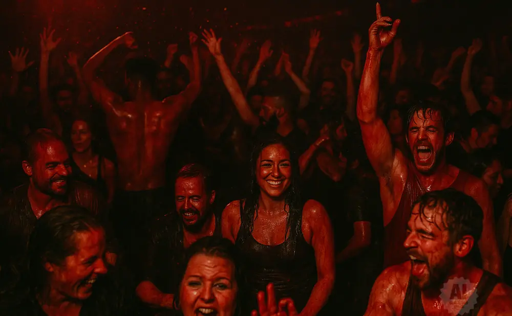 People in a dark, red-lit room, all covered in what appears to be red paint, are joyfully dancing and screaming.