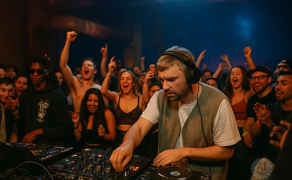 A DJ plays music for a lively crowd with raised hands and smiles.