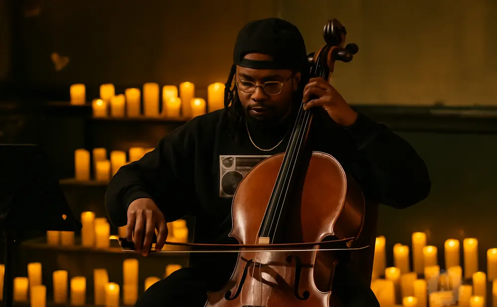 A Black cellist plays in front of many lit candles.