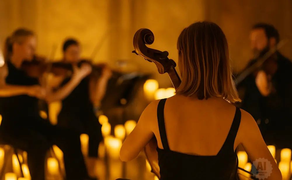A woman plays a cello in a candlelit room, with other musicians in the background.